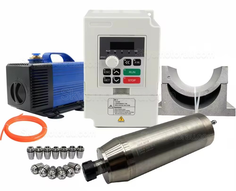 5.5KW VFD Spindle Kit JGD-125-ER32 + H100-5.5 Indc. Water Cooled Spindle Motor + VFD + Water Pump + 13Pcs ER32 Collet + Bracket